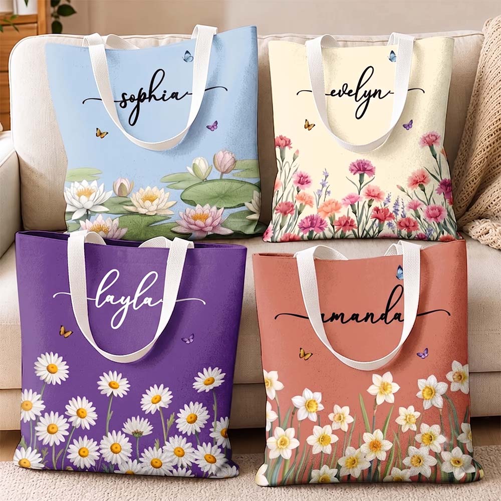Personalized Floral Custom Name Tote Bag Gift for Women and Bridesmaids