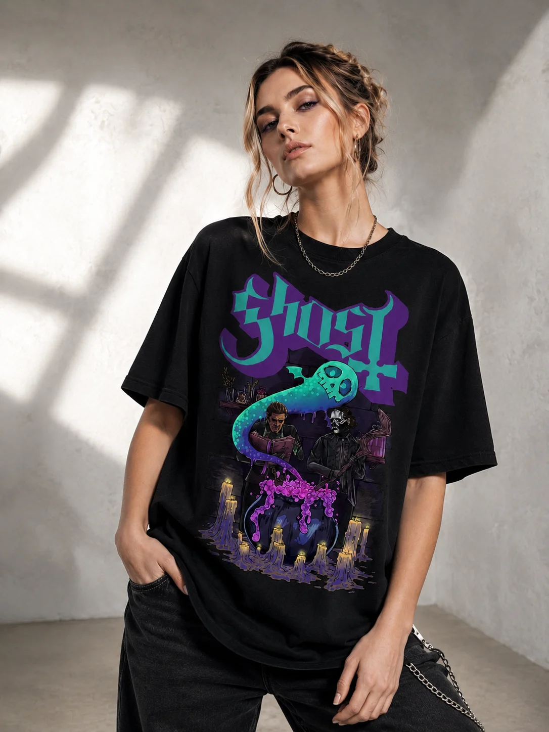 Ghost Band Tee Heavy Metal Occult Graphic T-Shirt Spooky Cauldron Design