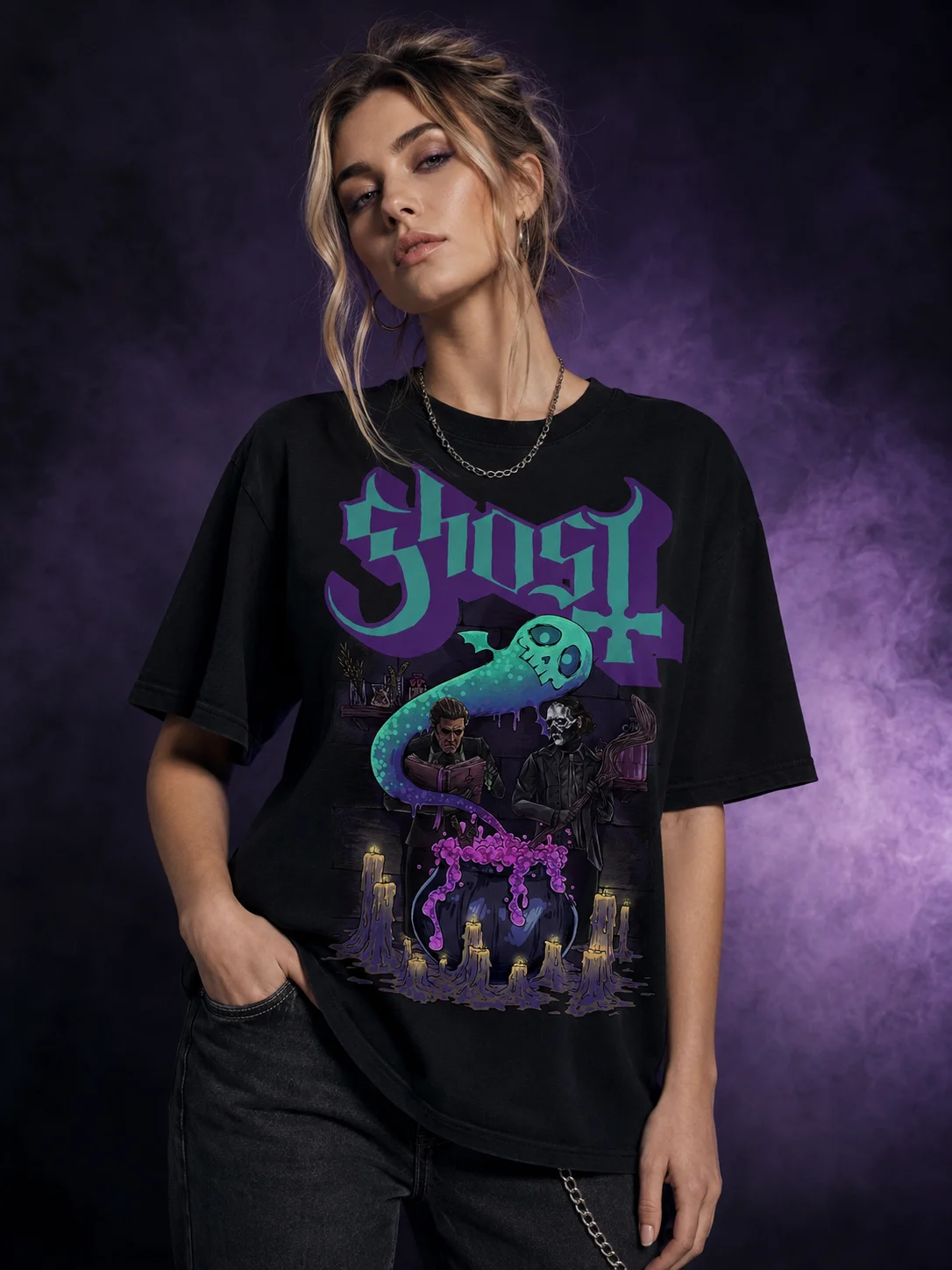 Ghost Band Tee Heavy Metal Occult Graphic T-Shirt Spooky Cauldron Design