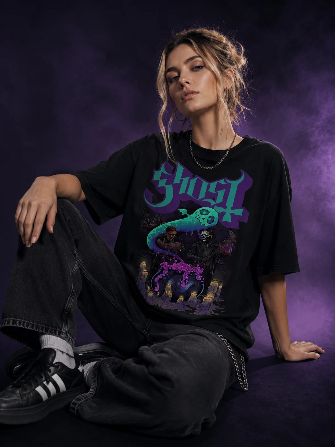 Ghost Band Tee Heavy Metal Occult Graphic T-Shirt Spooky Cauldron Design