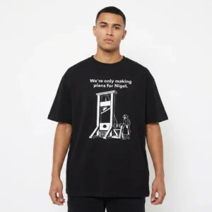 We're Only Making Plans For Nigel Tee Dark Humor Satire Guillotine Graphic T-Shirt
