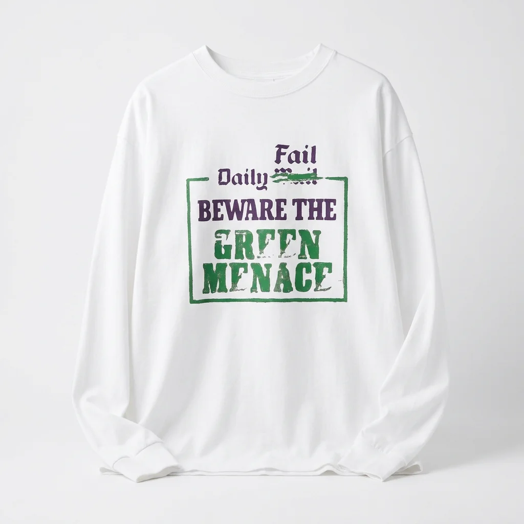 Daily Fail Beware The Green Menace Long Sleeve Tee Funny Satirical Parody Graphic Shirt For Fall Layering