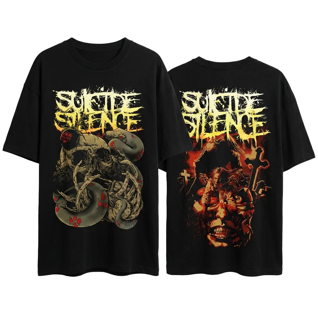 Suicide Silence Deathcore Band Skull Horror Graphic Tee Heavy Metal Concert Tour Shirt