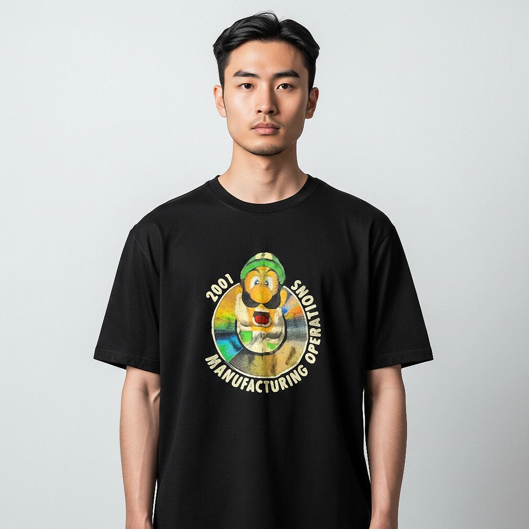 2001 Manufacturing Operations Luigi Tee Vintage Gaming Meme Graphic Shirt available at our Los Angeles warehouse