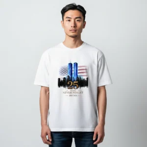 25 Years Never Forget 2001-2026 Tee 9/11 25th Anniversary Memorial Skyline T-Shirt available at our Los Angeles warehouse