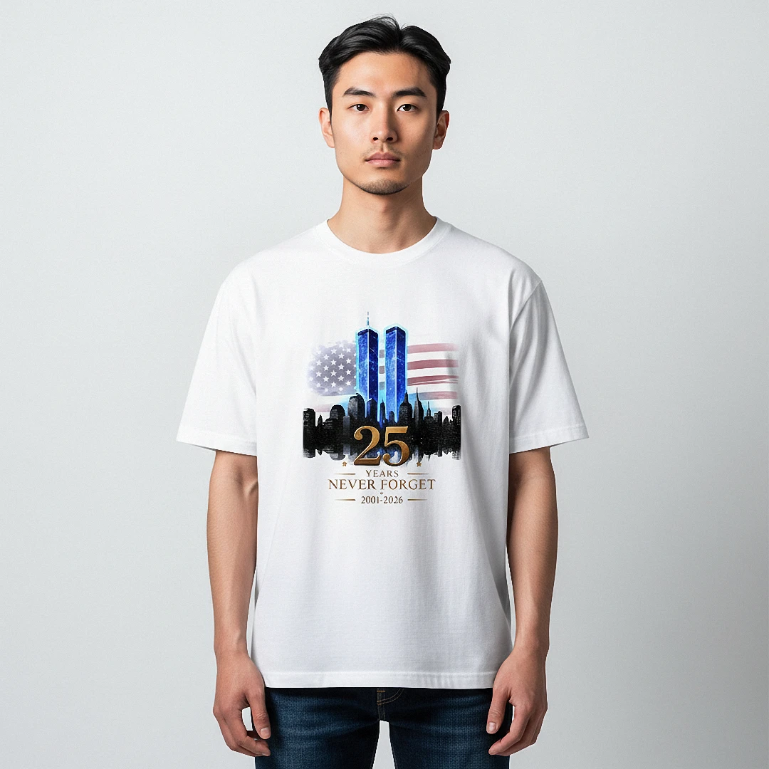 25 Years Never Forget 2001-2026 Tee 9/11 25th Anniversary Memorial Skyline T-Shirt available at our Los Angeles warehouse