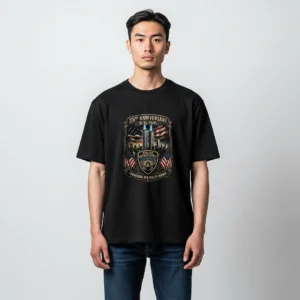 25th Anniversary 9/11/2001 Honoring Our Fallen Heroes Tee, Twin Towers Tribute Graphic Shirt available at our Los Angeles warehouse