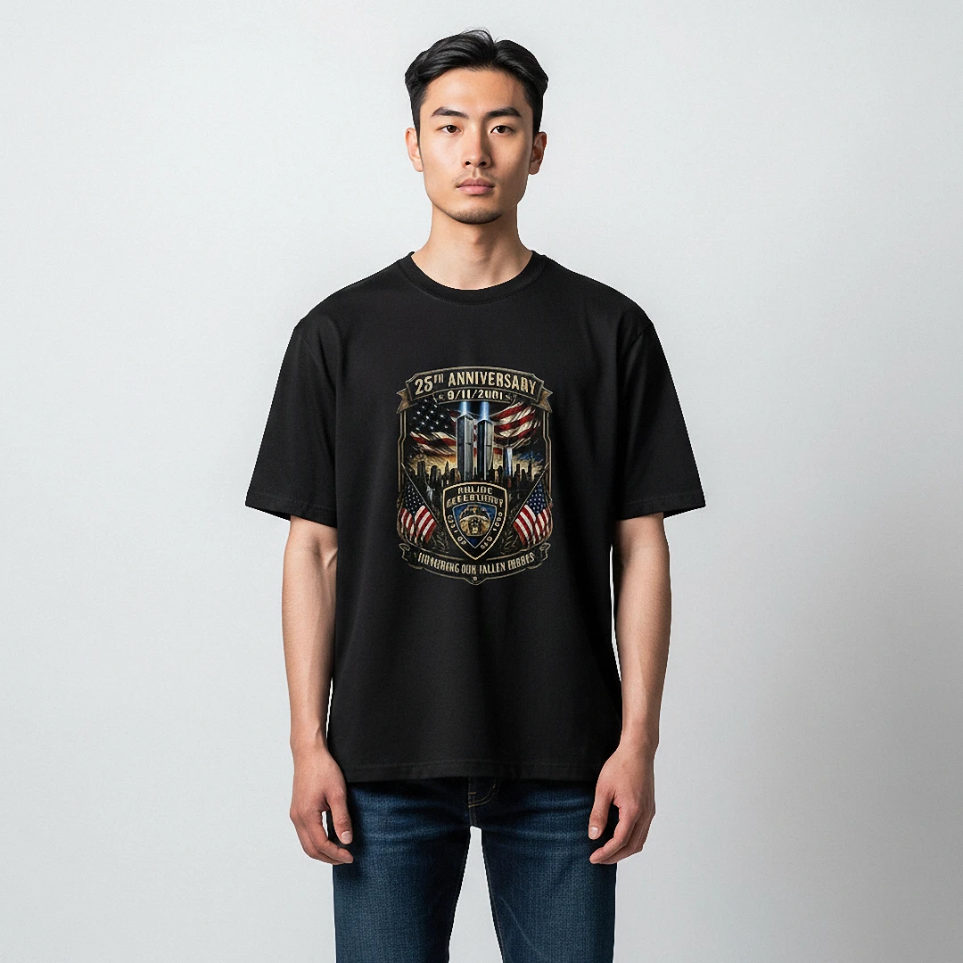 25th Anniversary 9/11/2001 Honoring Our Fallen Heroes Tee, Twin Towers Tribute Graphic Shirt available at our Los Angeles warehouse