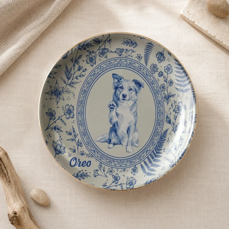 Custom Pet Portrait Ceramic Ring Dish Toile Floral Jewelry Trinket Tray Personalized Keepsake Gift for Pet Lovers