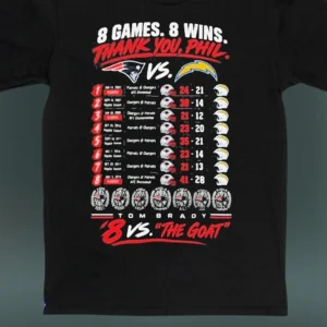 8 Games 8 Wins Thank You Phil vs Tom Brady The GOAT Tee, Patriots vs Chargers Football Game History available at our Los Angeles warehouse
