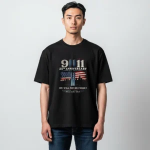 9/11 25th Anniversary We Will Never Forget Tee, Patriot Day Twin Towers Memorial Shirt available at our Los Angeles warehouse