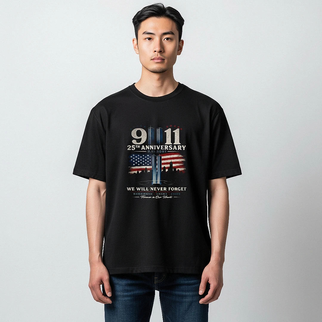 9/11 25th Anniversary We Will Never Forget Tee, Patriot Day Twin Towers Memorial Shirt available at our Los Angeles warehouse