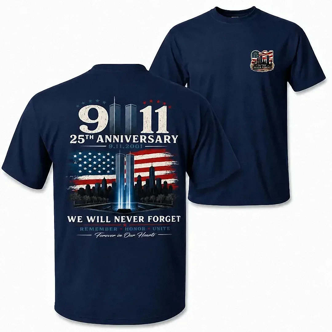 9/11 25th Anniversary We Will Never Forget Tee, September 11 — Los Angeles 9/11 25th Anniversary We Will Never Forget Tee, September 11 Memorial Twin Towers Patriotic Graphic available at our Los Angeles warehouse