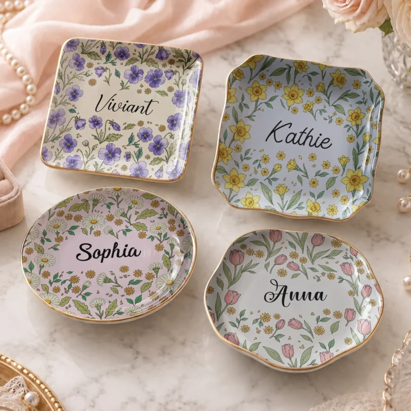 Floral Ceramic Trinket Dish Personalized Ring and Jewelry Catchall Dish, Custom Vanity Decor Gift for Her