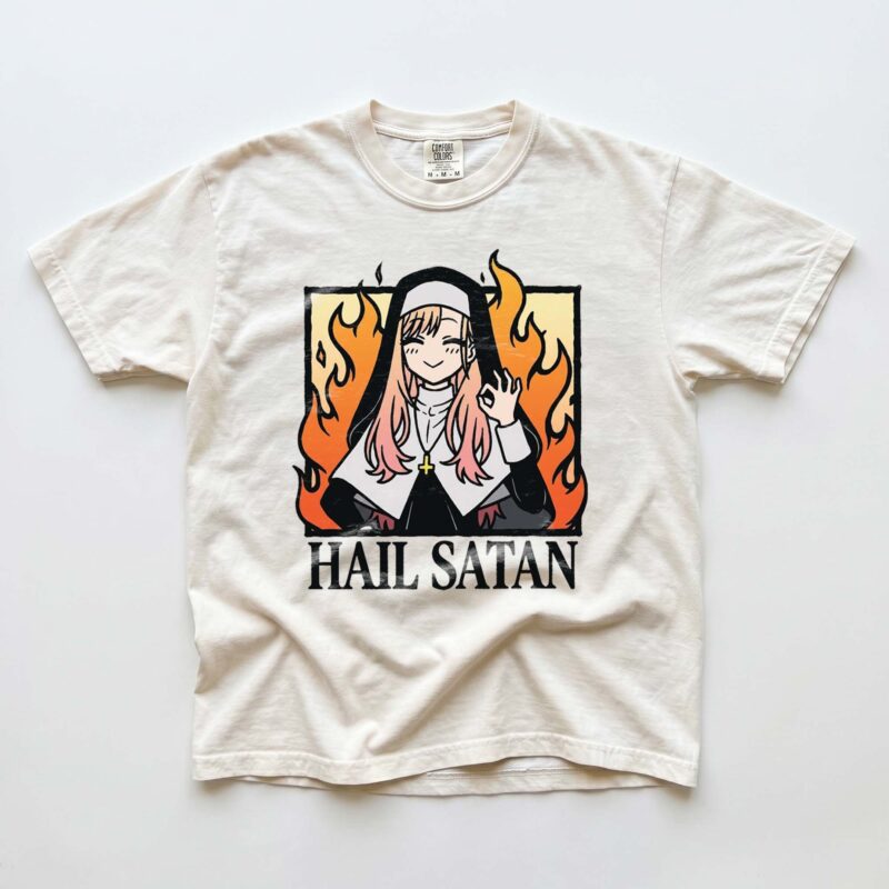 Hail Satan Anime Nun Tee Edgy Dark Humor Alternative Graphic Shirt