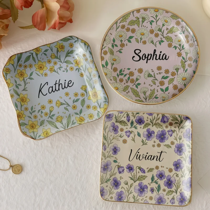Floral Ceramic Trinket Dish Personalized Ring and Jewelry Catchall Dish, Custom Vanity Decor Gift for Her