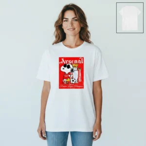 Arsenal Snoopy Football Graphic Tee, Premier League Soccer Fan Shirt for Men and Women available at our Los Angeles warehouse