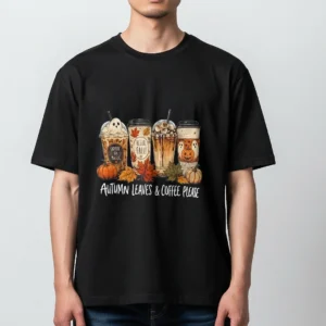 Autumn Leaves Coffee Please Tee, Fall Coffee Lovers Pumpkin Graphic T-Shirt available at our Los Angeles warehouse