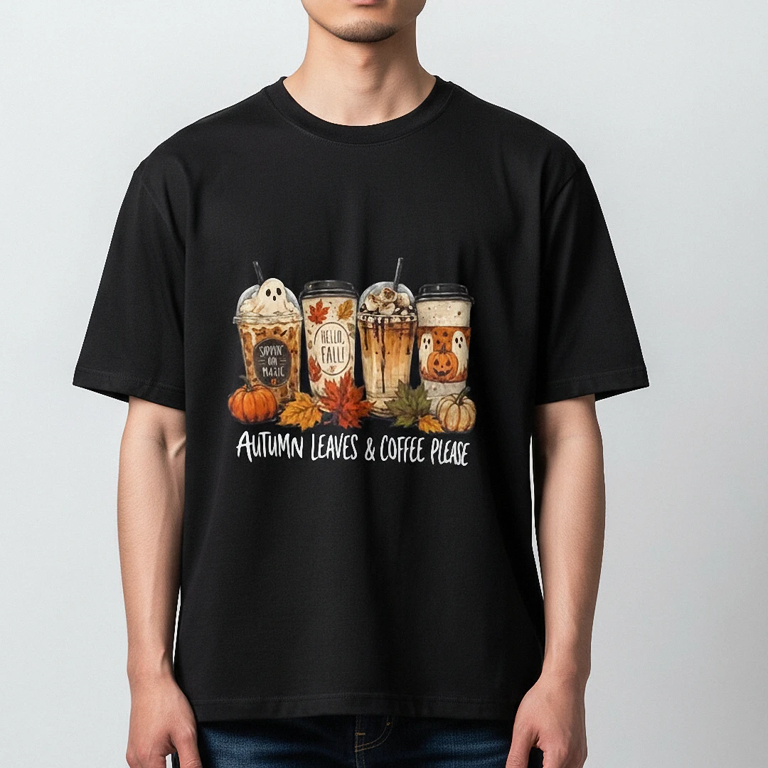 Autumn Leaves Coffee Please Tee, Fall Coffee Lovers Pumpkin Graphic T-Shirt available at our Los Angeles warehouse