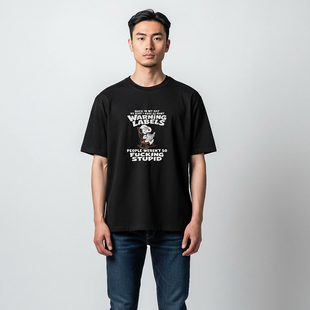 Back in My Day Warning Labels Snoopy Graphic Tee Funny Sarcastic Quote Vintage T-Shirt available at our Los Angeles warehouse