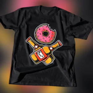 Beer Tee Pink Donut and Crossed Bottles Graphic Shirt for Food and Drink Lovers available at our Los Angeles warehouse