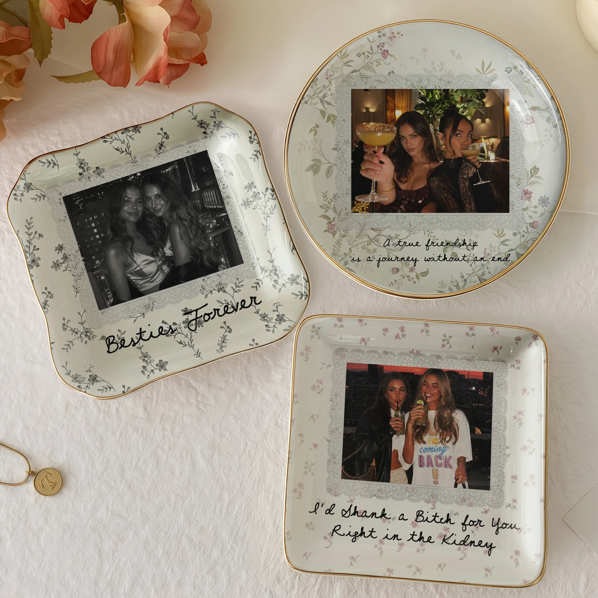 Besties Forever Custom Photo Trinket Dish, Ceramic Jewelry Ring Tray, Funny Best Friend Keepsake Gift