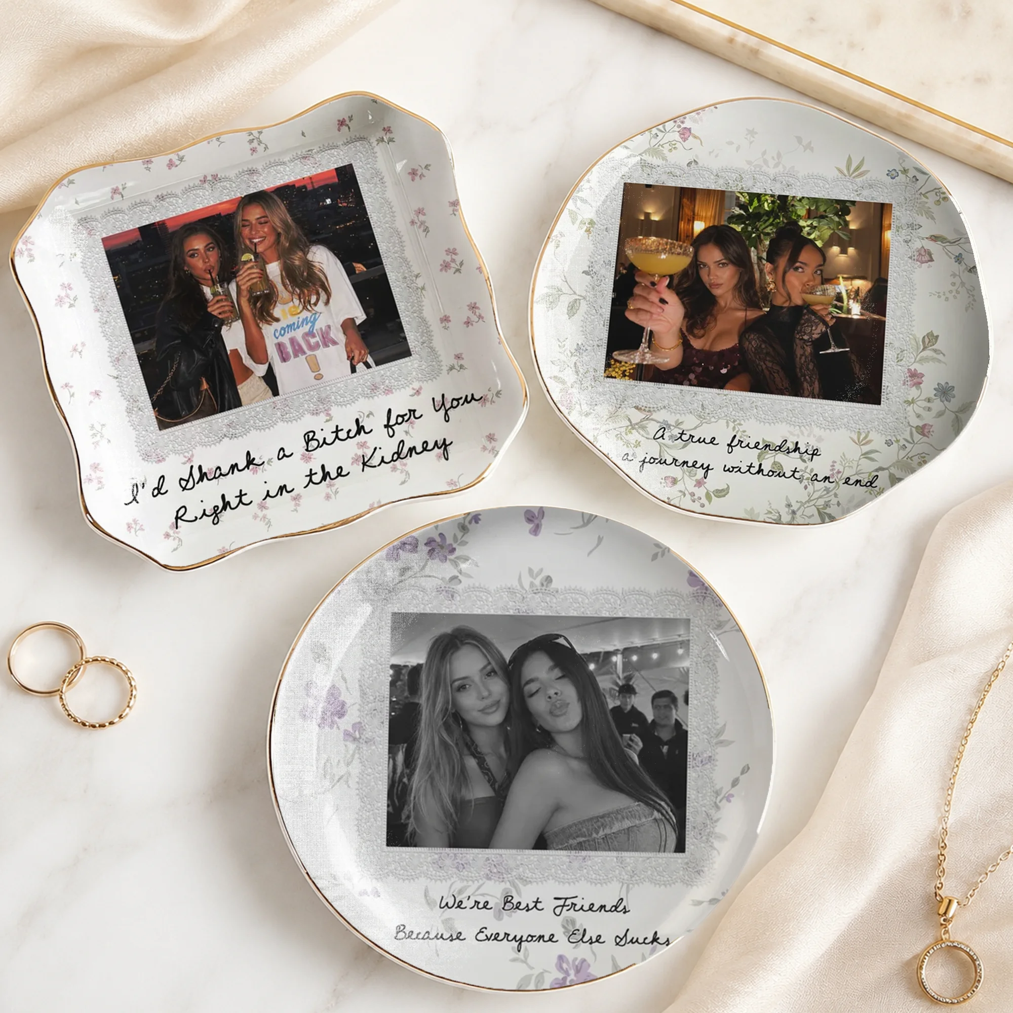 Besties Forever Custom Photo Trinket Dish, Ceramic Jewelry Ring Tray, Funny Best Friend Keepsake Gift