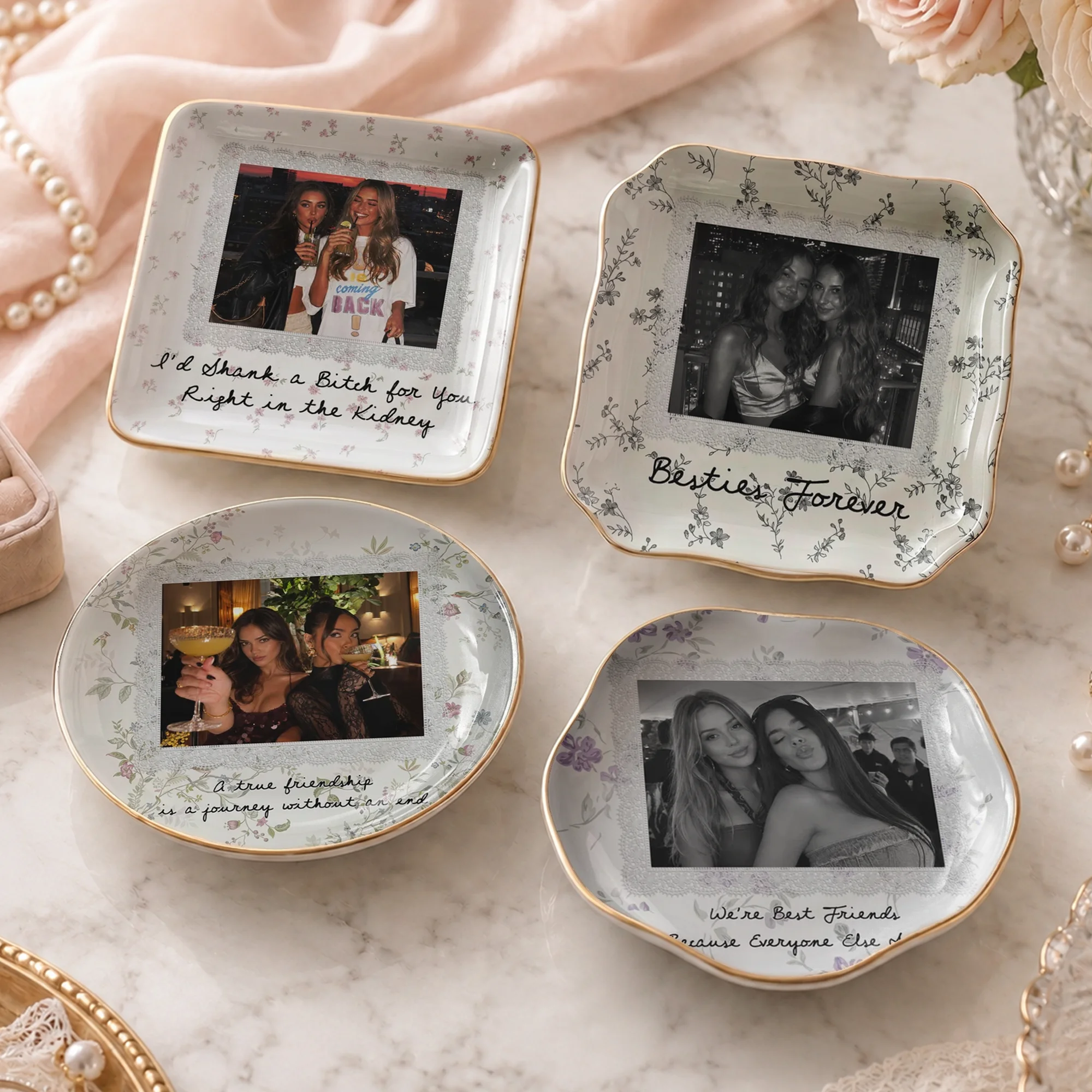Besties Forever Custom Photo Trinket Dish, Ceramic Jewelry Ring Tray, Funny Best Friend Keepsake Gift