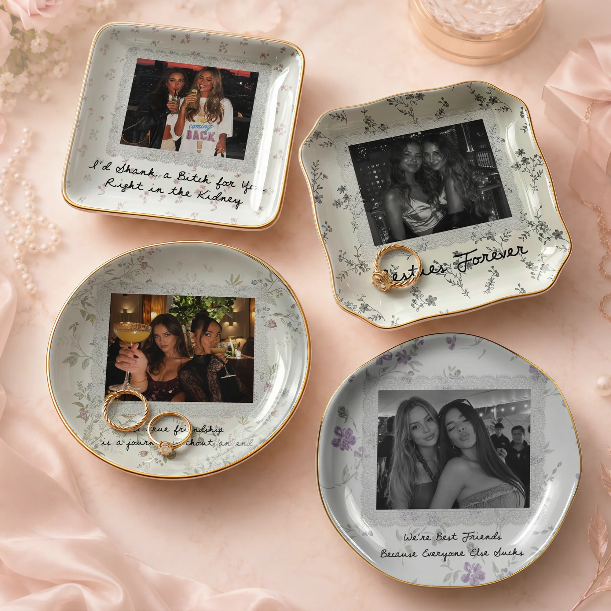 Besties Forever Custom Photo Trinket Dish, Ceramic Jewelry Ring Tray, Funny Best Friend Keepsake Gift