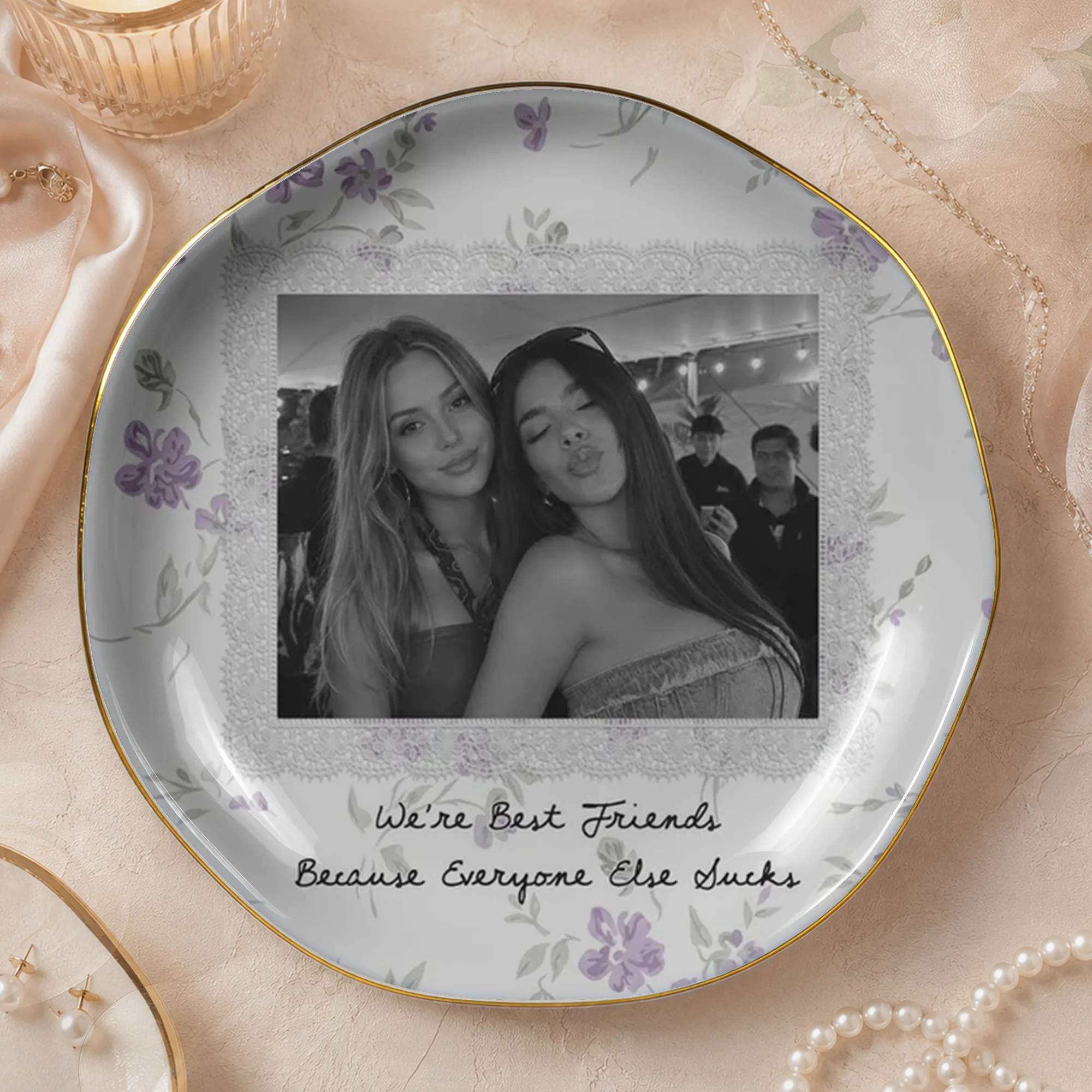 Besties Forever Custom Photo Trinket Dish, Ceramic Jewelry Ring Tray, Funny Best Friend Keepsake Gift