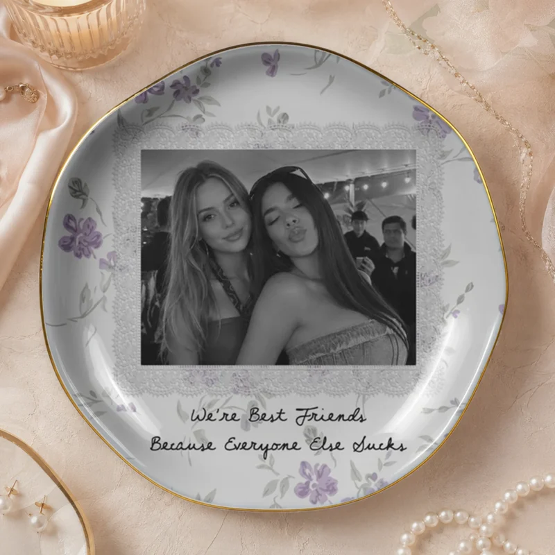 Besties Forever Custom Photo Trinket Dish, Ceramic Jewelry Ring Tray, Funny Best Friend Keepsake Gift