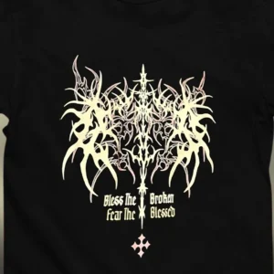 Bless The Broken Fear The Blessed Neo Tribal Graphic Tee, Dark Streetwear Gothic Metal Slogan T-Shirt