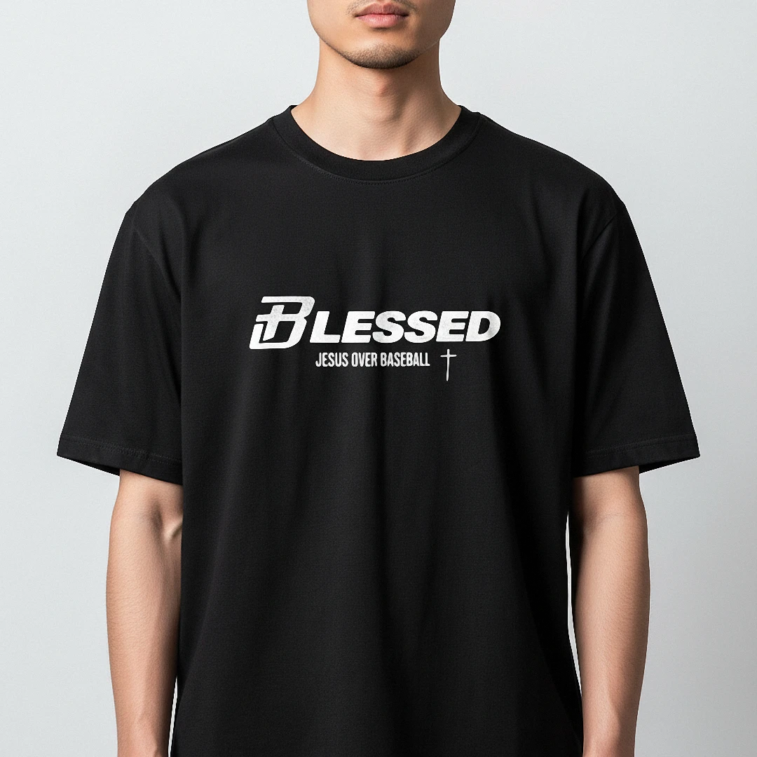 Blessed Jesus Over Baseball Tee Faith Based Christian Athlete Sports Graphic T-Shirt available at our Los Angeles warehouse