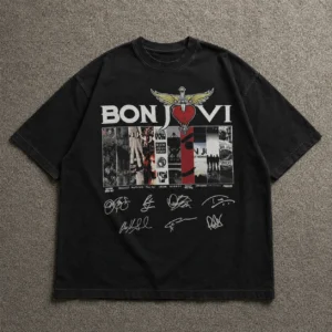 Bon Jovi Slippery When Wet New Jersey Vintage Album Collage Tee with Band Signatures Rock Fan Gift