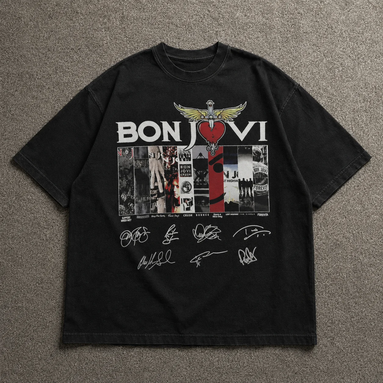 Bon Jovi Slippery When Wet New Jersey Vintage Album Collage Tee with Band Signatures Rock Fan Gift