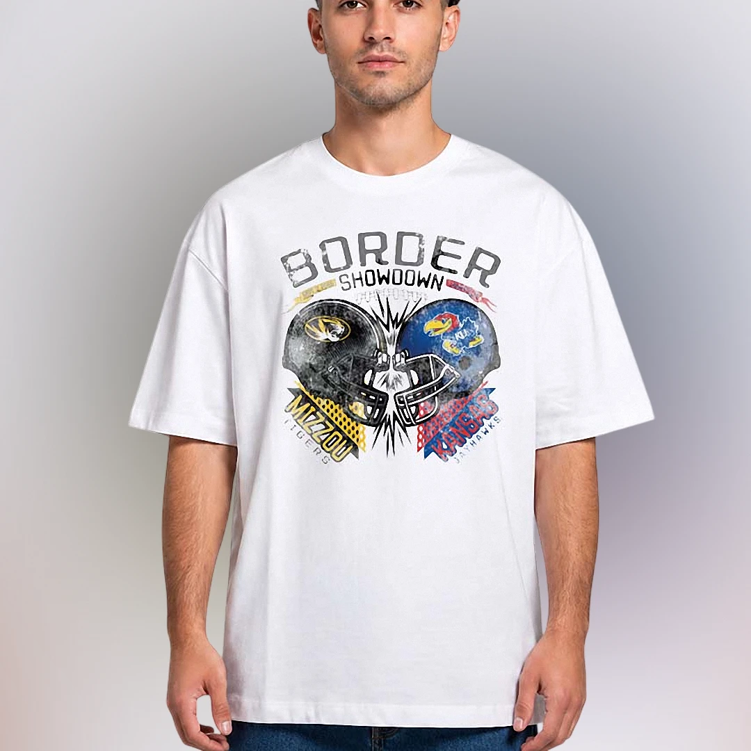 Border Showdown Mizzou Tigers Kansas Jayhawks Tee, Vintage C — Los Angeles Border Showdown Mizzou Tigers Kansas Jayhawks Tee, Vintage College Football Rivalry Graphic T-Shirt available at our Los Angeles warehouse