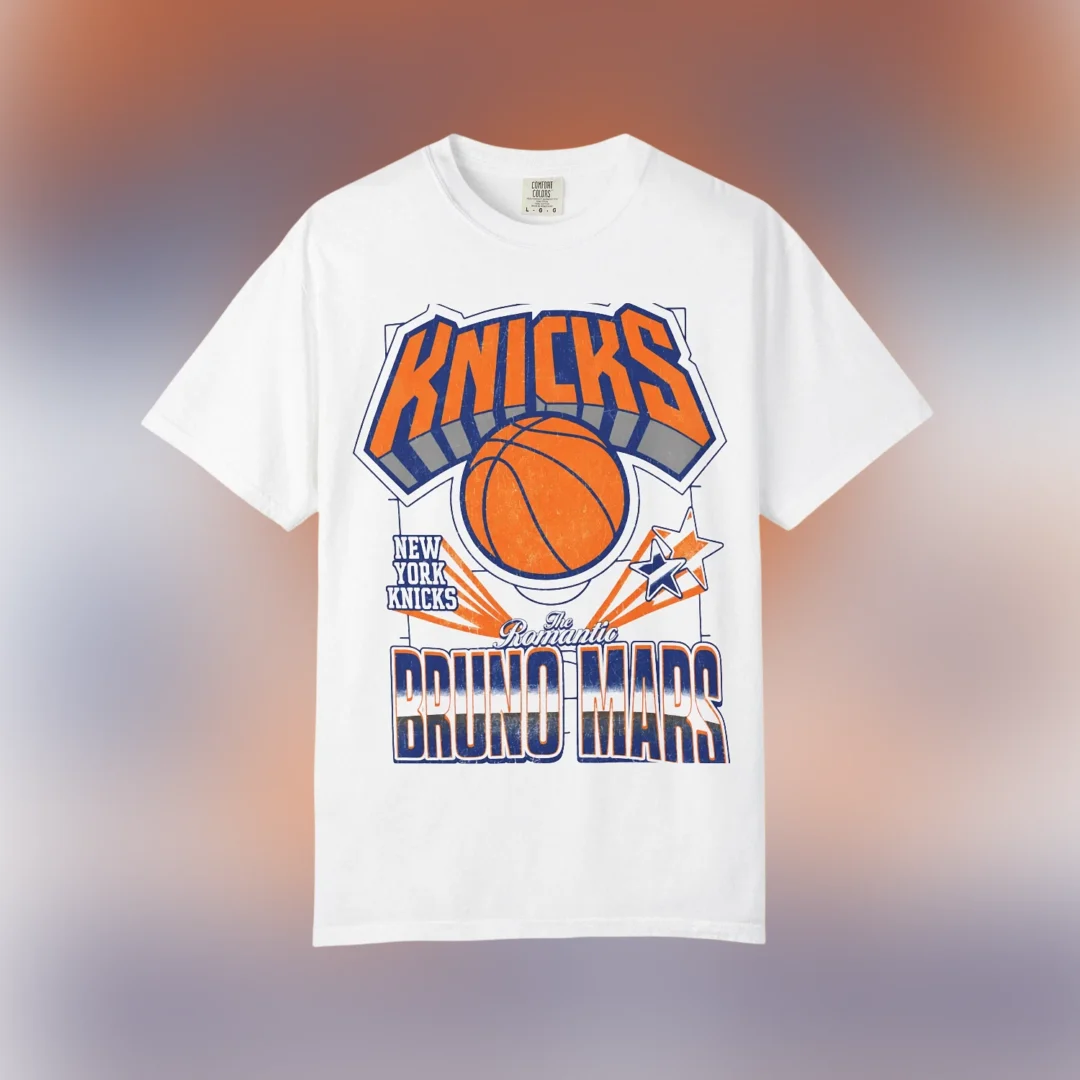 Bruno Mars New York Knicks The Romantic Retro Basketball Tee available at our Los Angeles warehouse