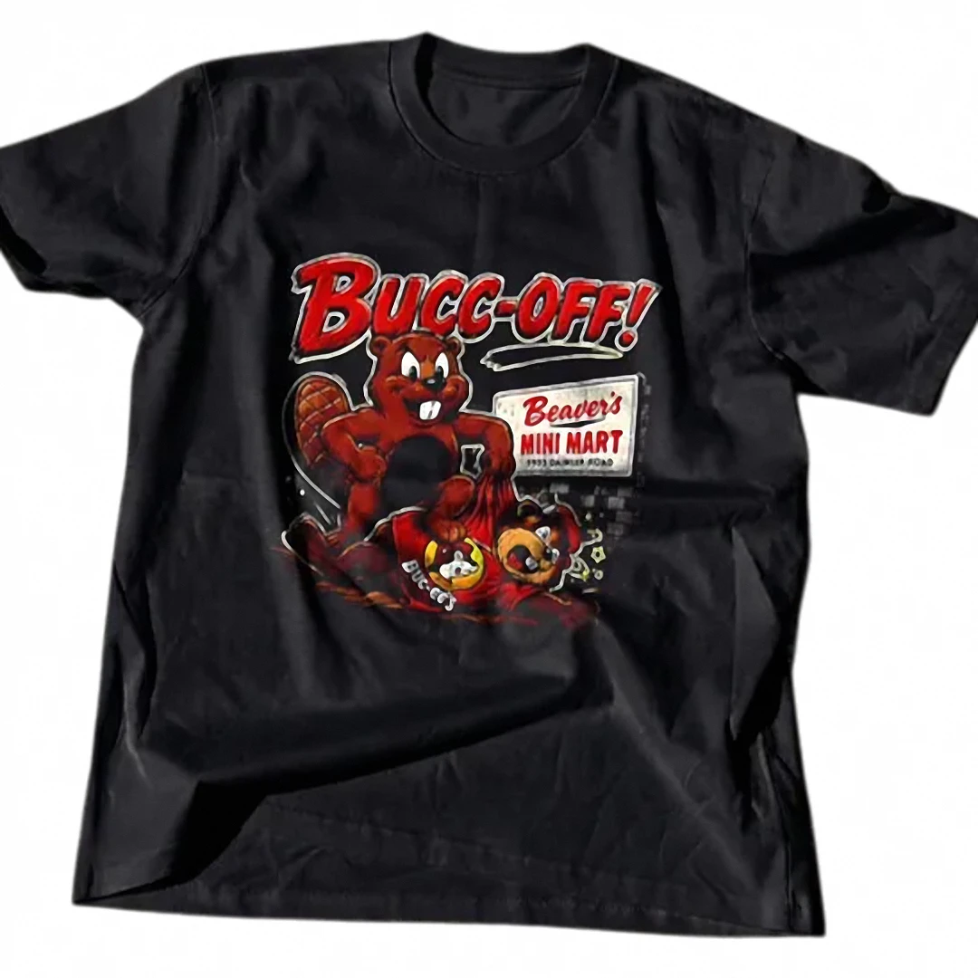 Bucc-Off Beaver's Mini Mart Tee, Funny Mascot Graphic Shirt, Retro Humor Streetwear Tee available at our Los Angeles warehouse