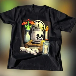 Building Block Skull Art Shirt Tee Vanitas Still Life Graphic T-Shirt for Toy Collectors and Fans available at our Los Angeles warehouse
