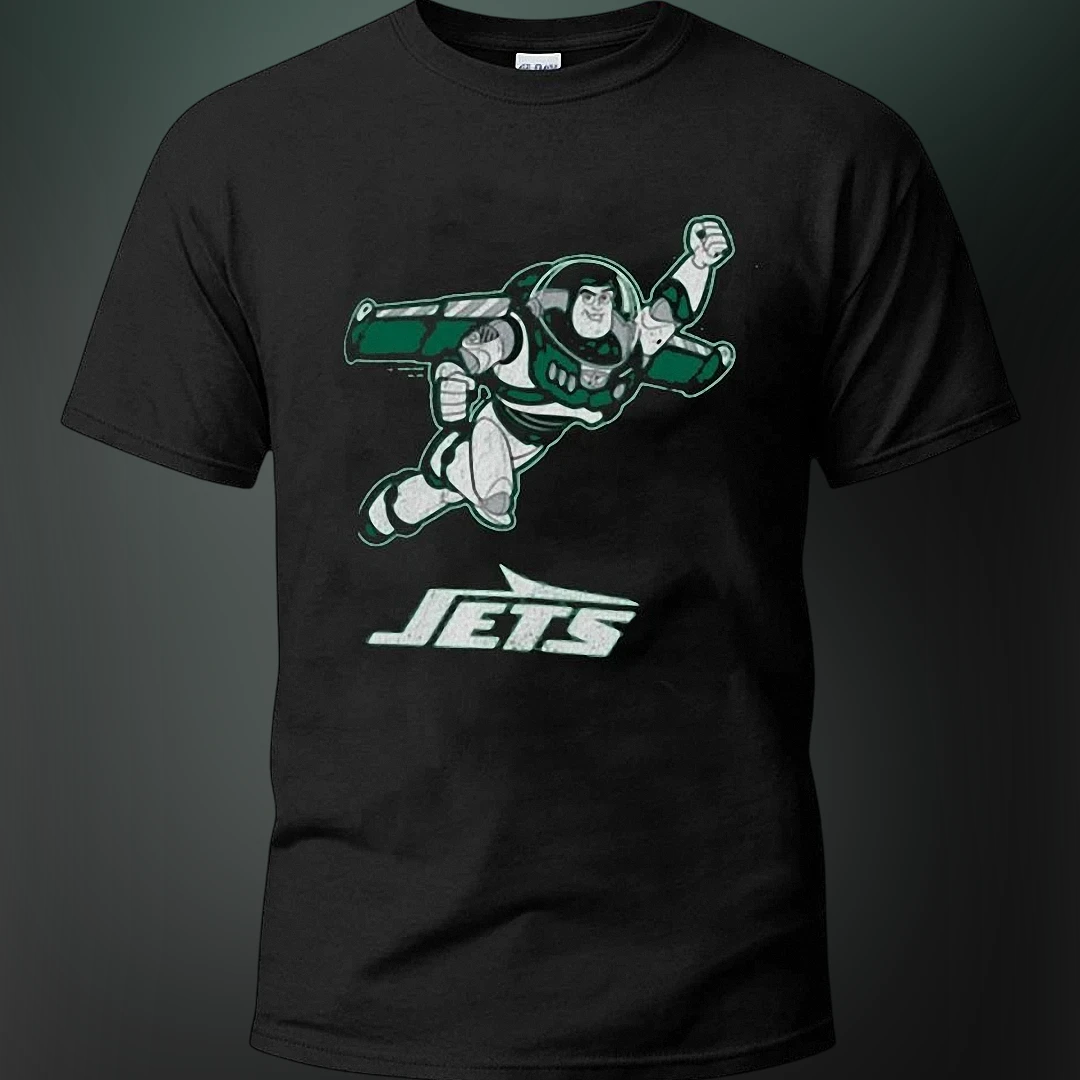 Buzz Lightyear NY Jets Graphic Tee, Vintage Mashup Football Fan Shirt for Men and Women available at our Los Angeles warehouse