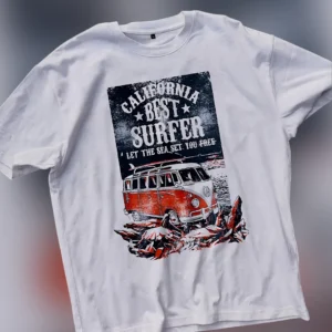 California Best Surfer Let The Sea Set You Free Tee Vintage Beach Bus Graphic T-Shirt available at our Los Angeles warehouse