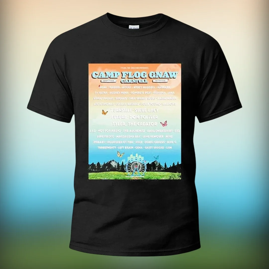 Camp Flog Gnaw Carnival Tee Tyler The Creator Festival Lineu — Los Angeles Camp Flog Gnaw Carnival Tee Tyler The Creator Festival Lineup Graphic Shirt available at our Los Angeles warehouse