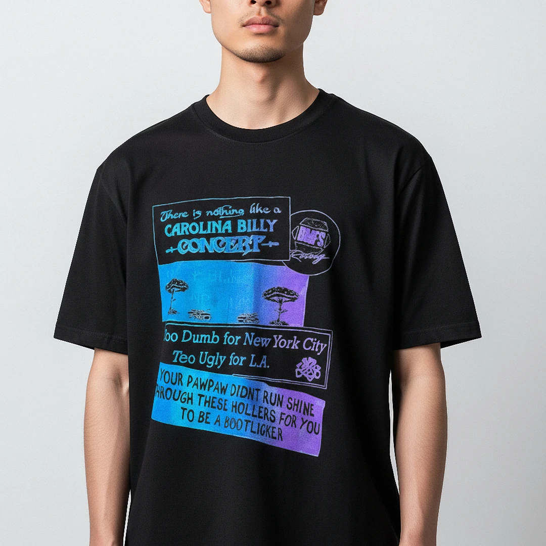 Carolina Billy Concert Graphic Tee, Too Dumb for New York City Southern Bluegrass Music T-Shirt available at our Los Angeles warehouse