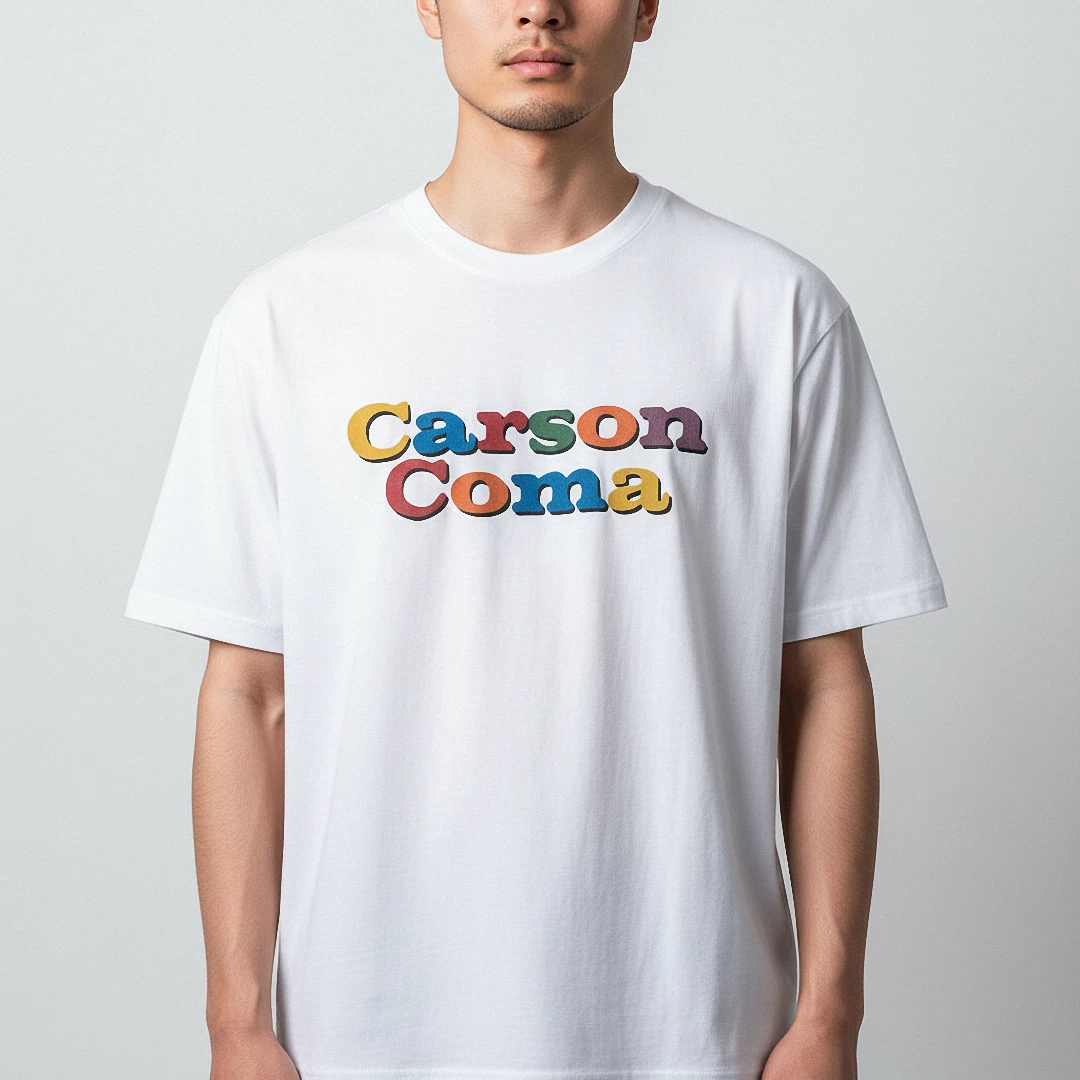 Carson Coma Tee Colorful Retro Typography Indie Rock Band Graphic Shirt available at our Los Angeles warehouse