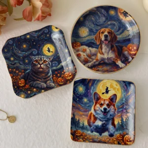 Cat and Corgi Halloween Jewelry Dish, Starry Night Ceramic Ring Holder Trinket Tray, Cute Pet Lover Gift