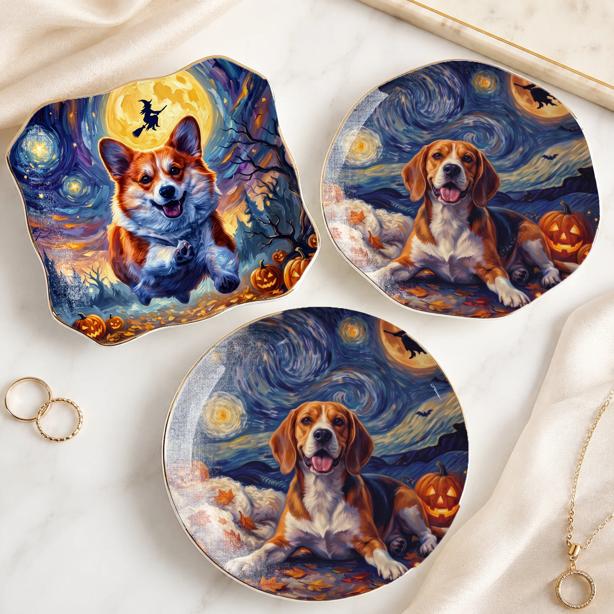 Cat and Corgi Halloween Jewelry Dish, Starry Night Ceramic Ring Holder Trinket Tray, Cute Pet Lover Gift