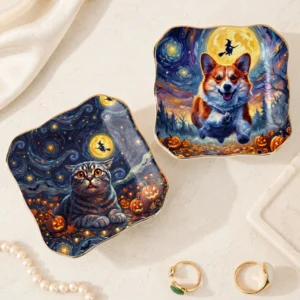Cat and Corgi Halloween Jewelry Dish, Starry Night Ceramic Ring Holder Trinket Tray, Cute Pet Lover Gift