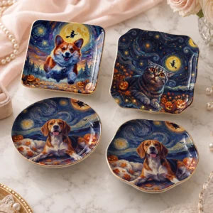 Cat and Corgi Halloween Jewelry Dish, Starry Night Ceramic Ring Holder Trinket Tray, Cute Pet Lover Gift