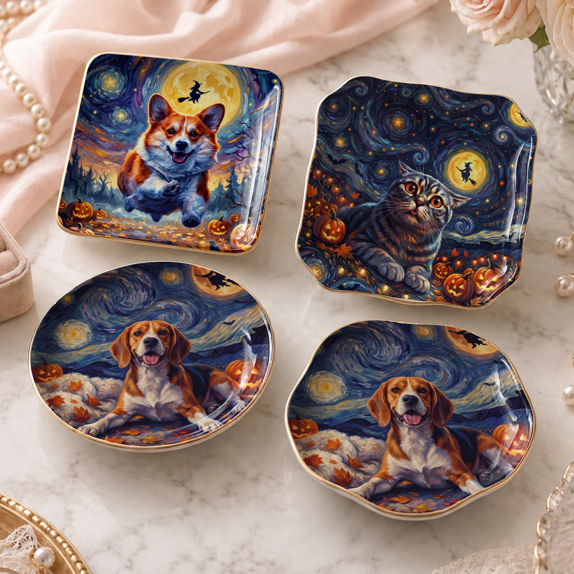 Cat and Corgi Halloween Jewelry Dish, Starry Night Ceramic Ring Holder Trinket Tray, Cute Pet Lover Gift