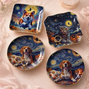 Cat and Corgi Halloween Jewelry Dish, Starry Night Ceramic Ring Holder Trinket Tray, Cute Pet Lover Gift